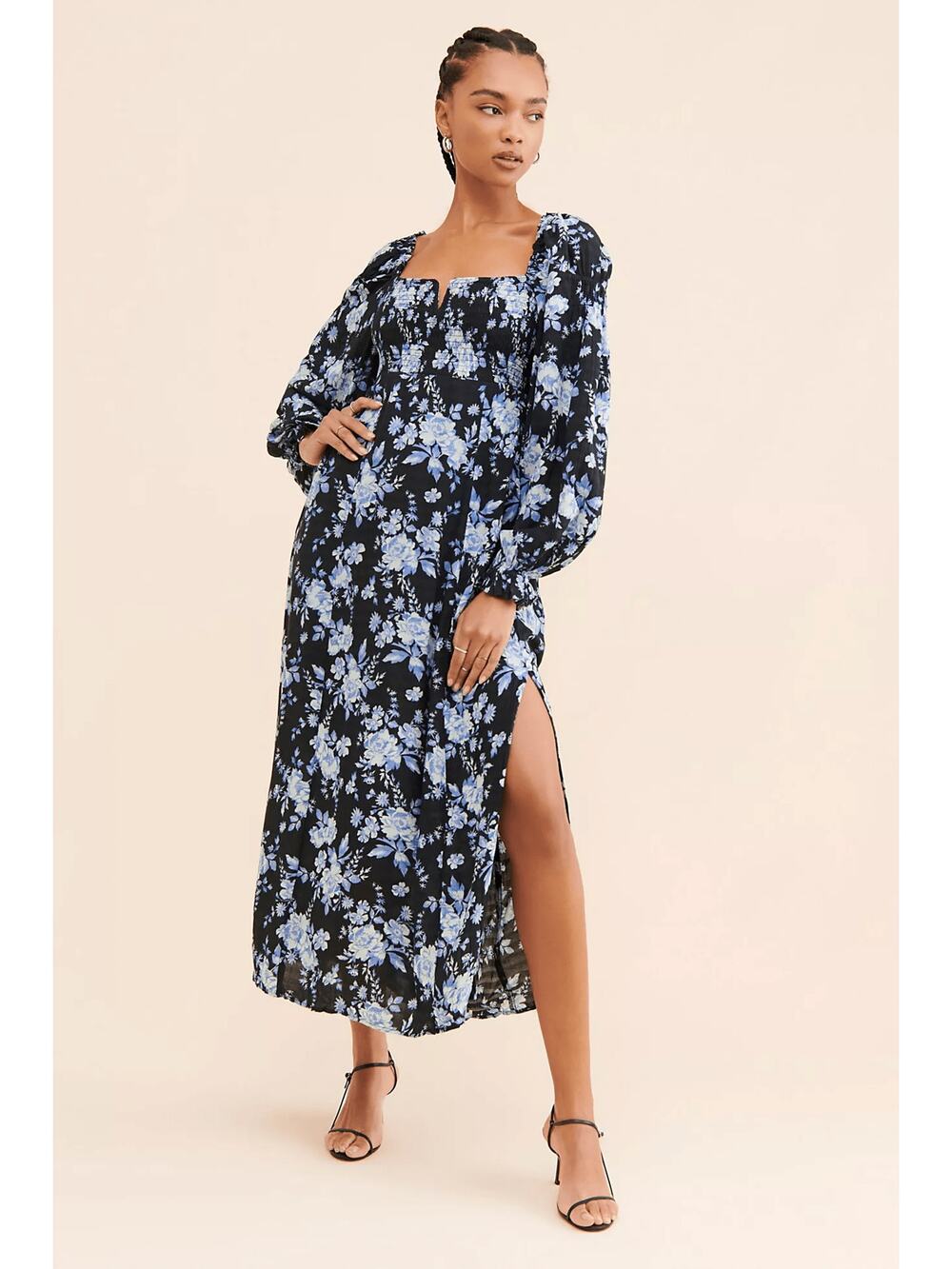 Free People Jaymes Midi Dress Blue Floral Smocked Long Sleeve Size M